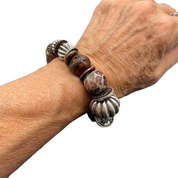Multicolor Animal Print Textured Chunky Beaded Stretch Bangle Bracelet - Picture 5 of 5